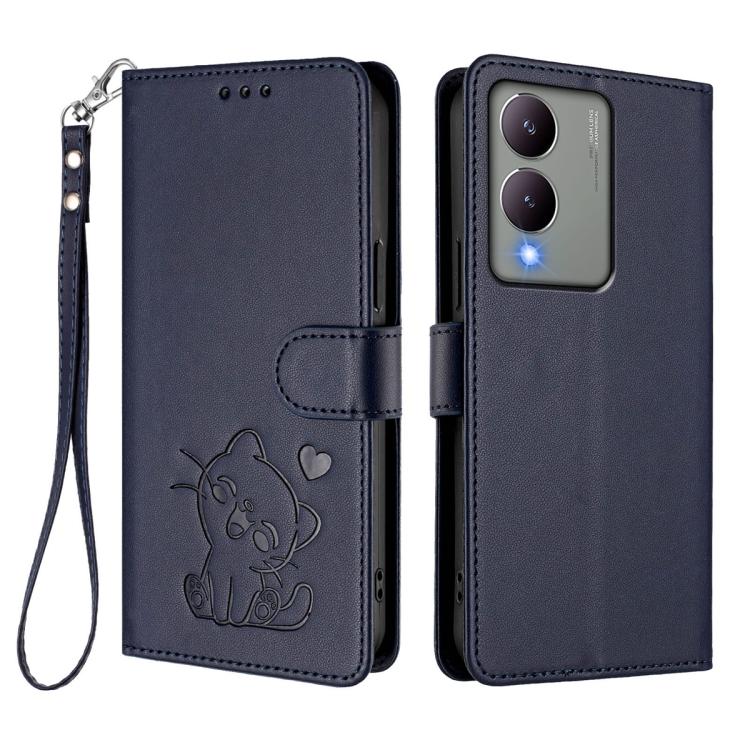 For vivo Y17s 4G Global / vivo Y17s 5G India Embossed Heart Cat Leather Phone Case with Hand Strap
