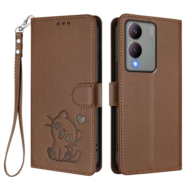 For vivo Y17s 4G Global / vivo Y17s 5G India Embossed Heart Cat Leather Phone Case with Hand Strap