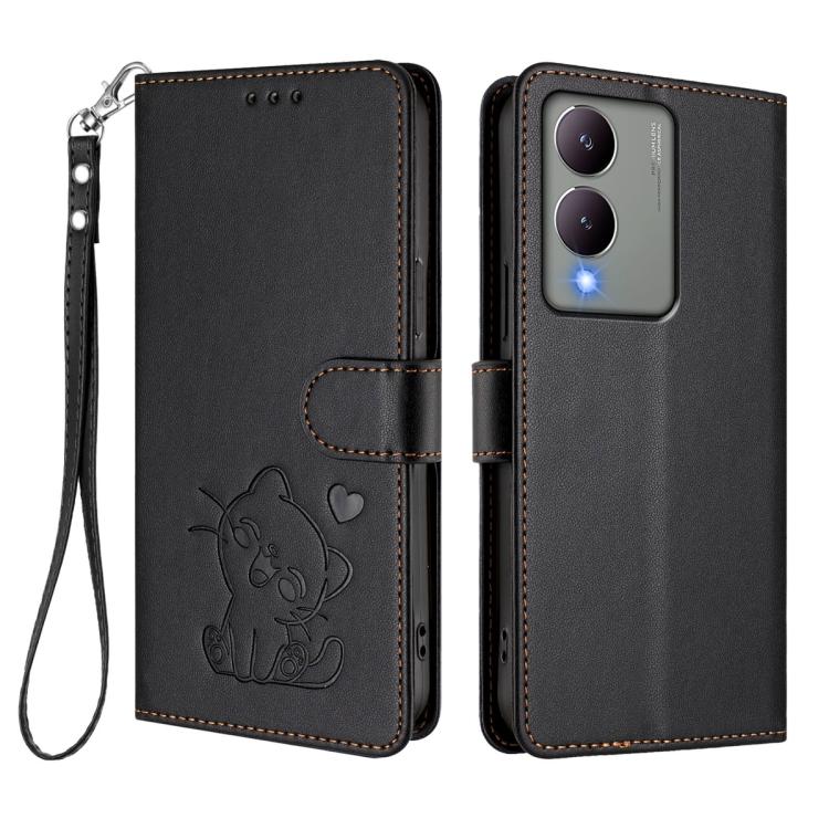 For vivo Y17s 4G Global / vivo Y17s 5G India Embossed Heart Cat Leather Phone Case with Hand Strap