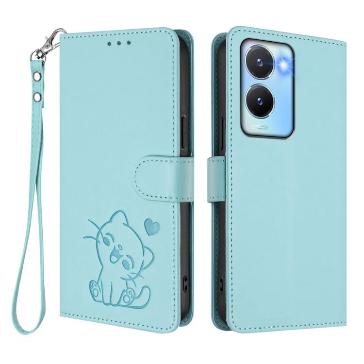 For vivo Y16 / vivo Y02s Global Embossed Heart Cat Leather Phone Case with Hand Strap