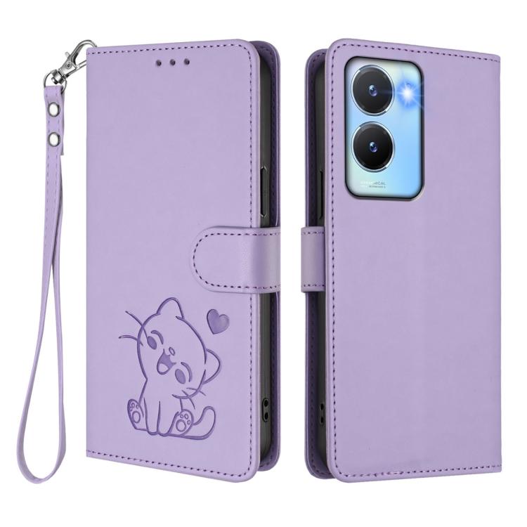 For vivo Y16 / vivo Y02s Global Embossed Heart Cat Leather Phone Case with Hand Strap