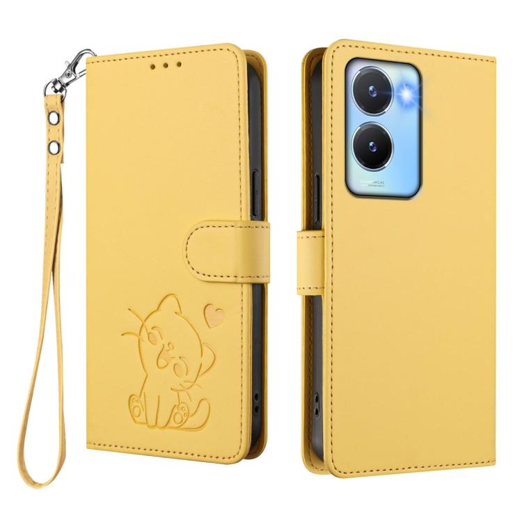 For vivo Y16 / vivo Y02s Global Embossed Heart Cat Leather Phone Case with Hand Strap