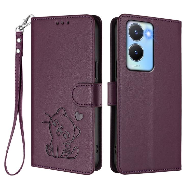 For vivo Y16 / vivo Y02s Global Embossed Heart Cat Leather Phone Case with Hand Strap