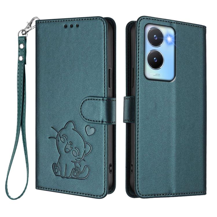 For vivo Y16 / vivo Y02s Global Embossed Heart Cat Leather Phone Case with Hand Strap