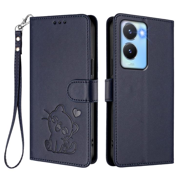 For vivo Y16 / vivo Y02s Global Embossed Heart Cat Leather Phone Case with Hand Strap