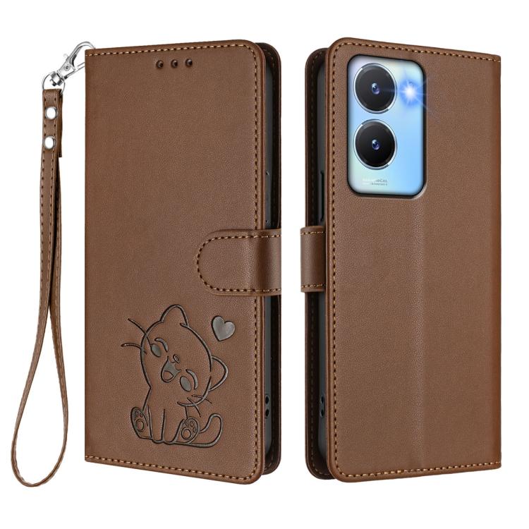 For vivo Y16 / vivo Y02s Global Embossed Heart Cat Leather Phone Case with Hand Strap