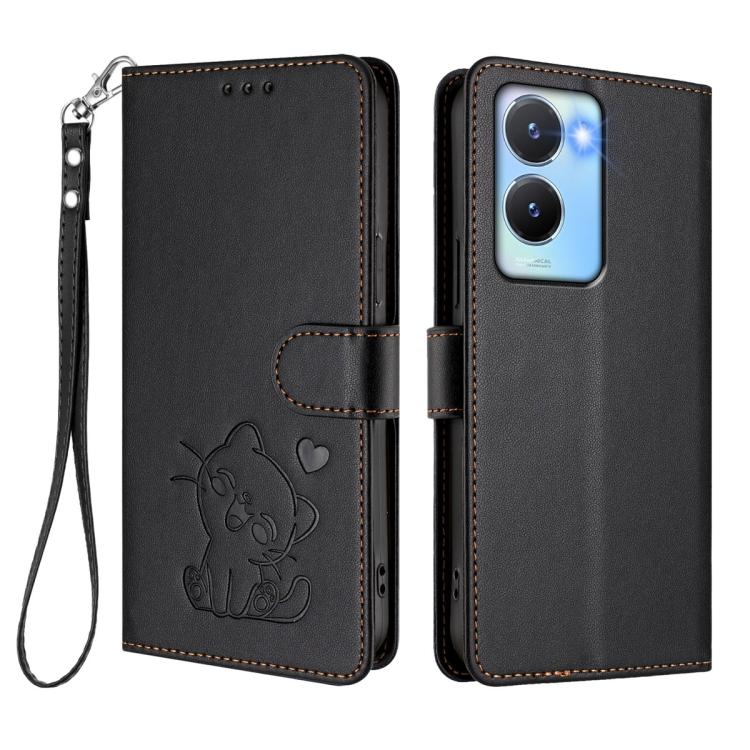 For vivo Y16 / vivo Y02s Global Embossed Heart Cat Leather Phone Case with Hand Strap