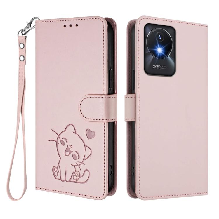 For vivo Y02 / Y02A / Y02t / Y11 2023 Embossed Heart Cat Leather Phone Case with Hand Strap