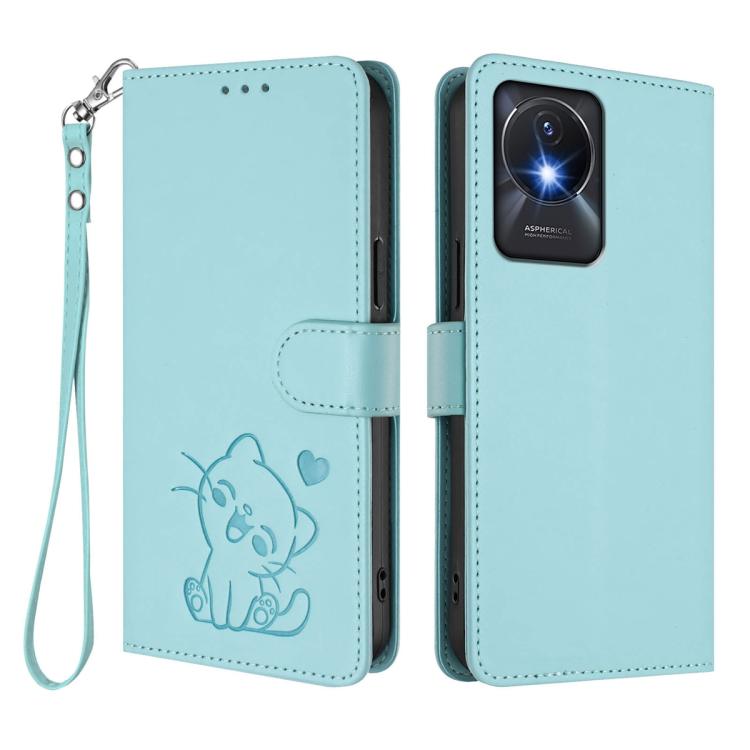 For vivo Y02 / Y02A / Y02t / Y11 2023 Embossed Heart Cat Leather Phone Case with Hand Strap