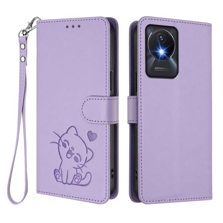 For vivo Y02 / Y02A / Y02t / Y11 2023 Embossed Heart Cat Leather Phone Case with Hand Strap