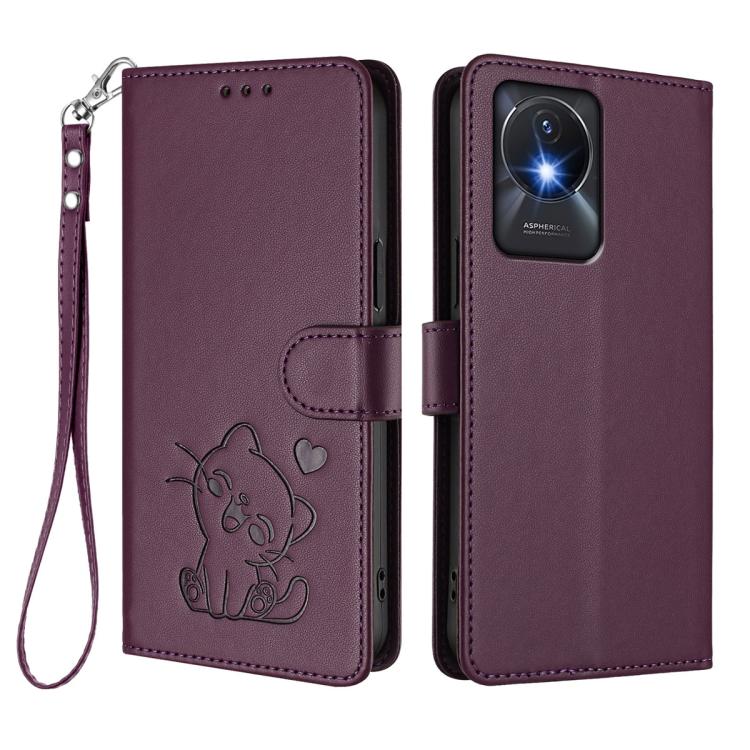 For vivo Y02 / Y02A / Y02t / Y11 2023 Embossed Heart Cat Leather Phone Case with Hand Strap
