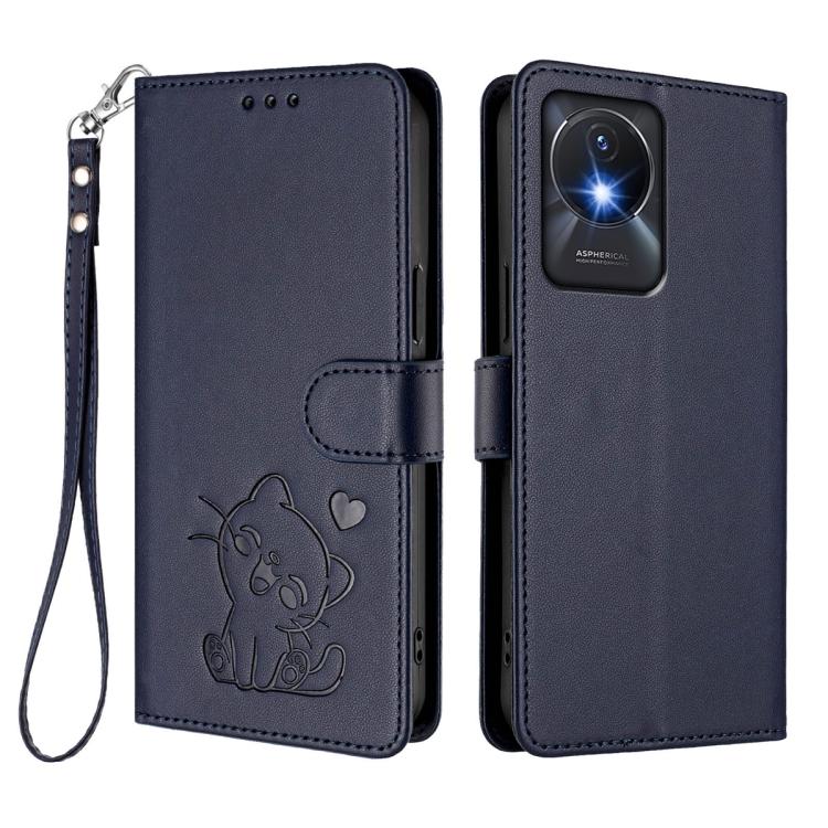 For vivo Y02 / Y02A / Y02t / Y11 2023 Embossed Heart Cat Leather Phone Case with Hand Strap