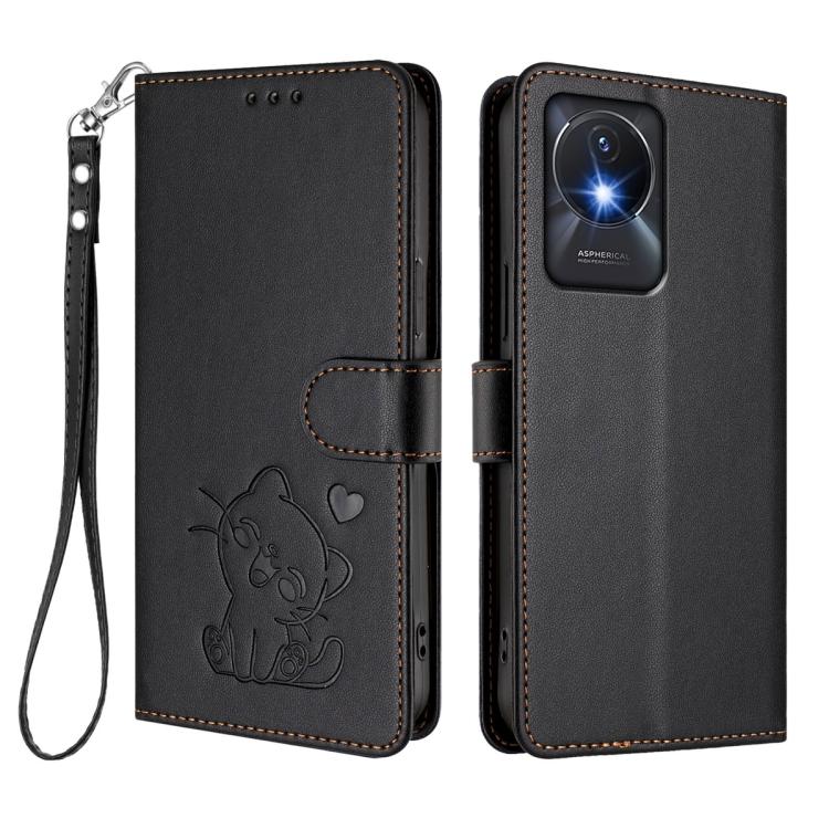 For vivo Y02 / Y02A / Y02t / Y11 2023 Embossed Heart Cat Leather Phone Case with Hand Strap