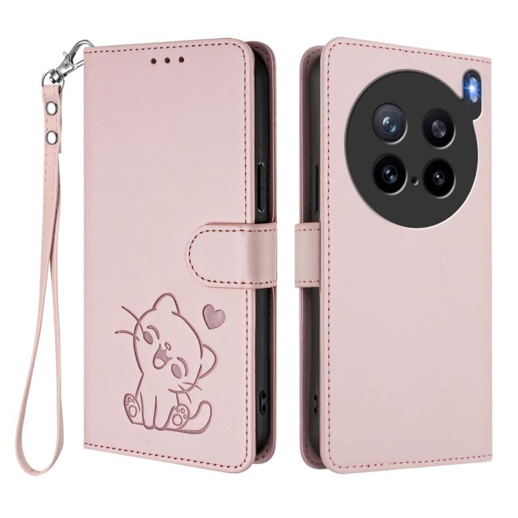 For vivo X200s Embossed Heart Cat Leather Phone Case with Hand Strap