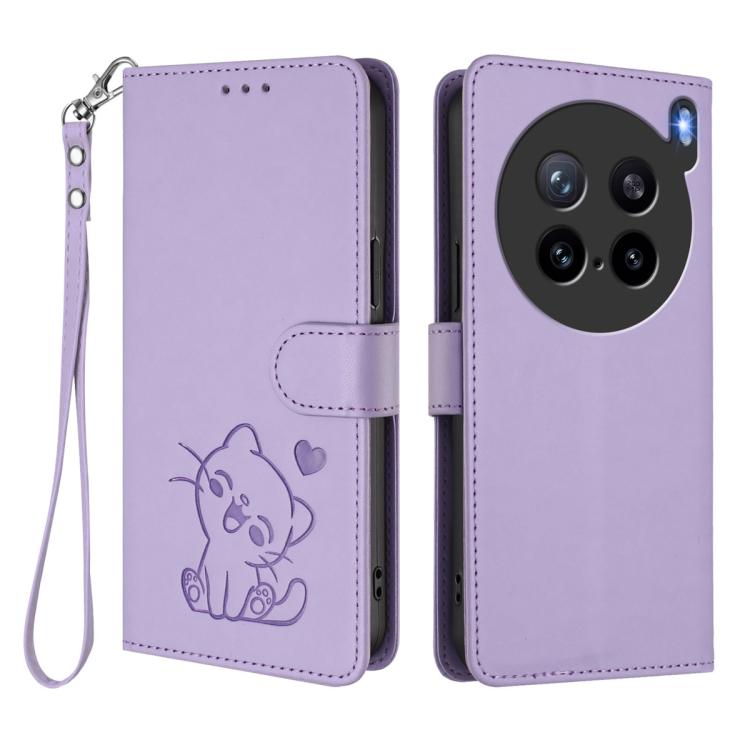 For vivo X200s Embossed Heart Cat Leather Phone Case with Hand Strap