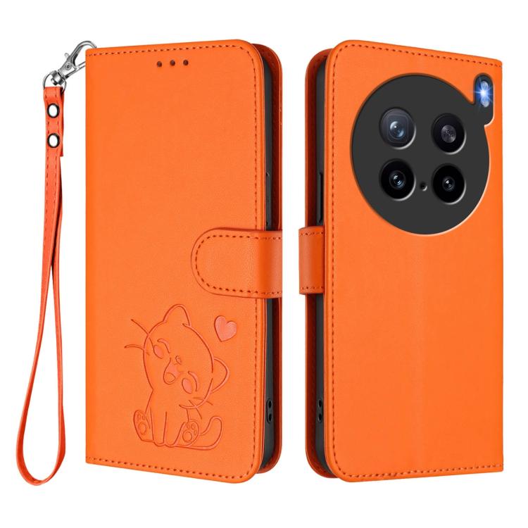 For vivo X200s Embossed Heart Cat Leather Phone Case with Hand Strap