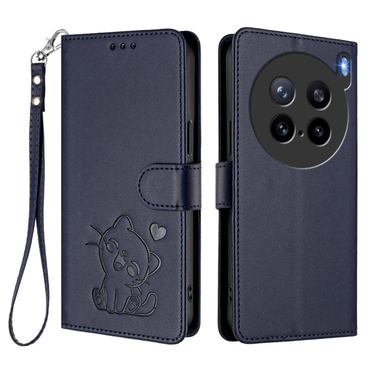For vivo X200s Embossed Heart Cat Leather Phone Case with Hand Strap