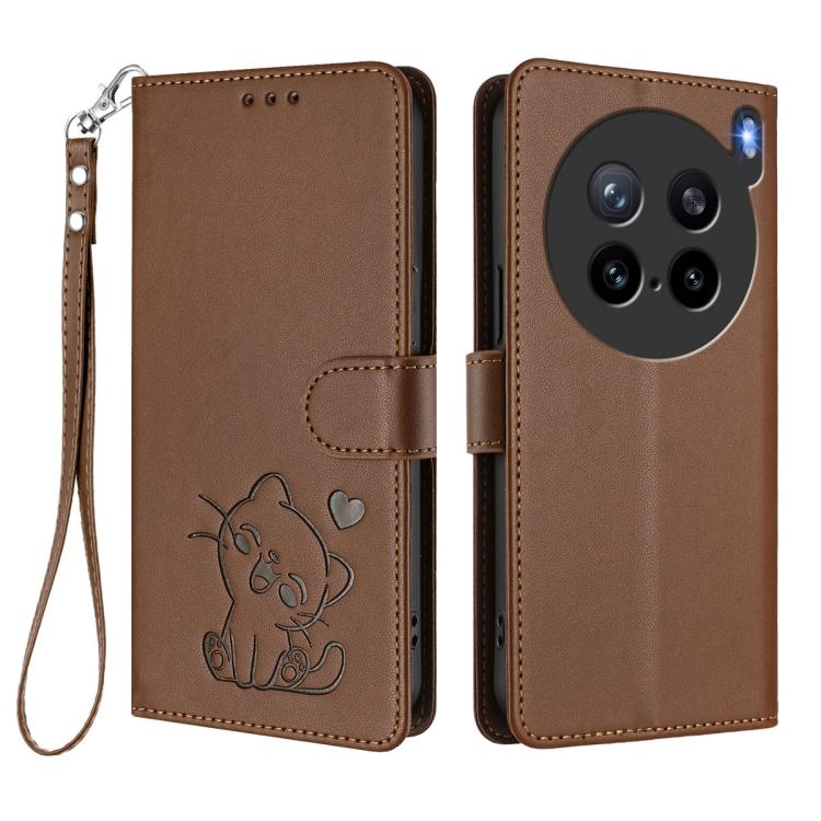 For vivo X200s Embossed Heart Cat Leather Phone Case with Hand Strap