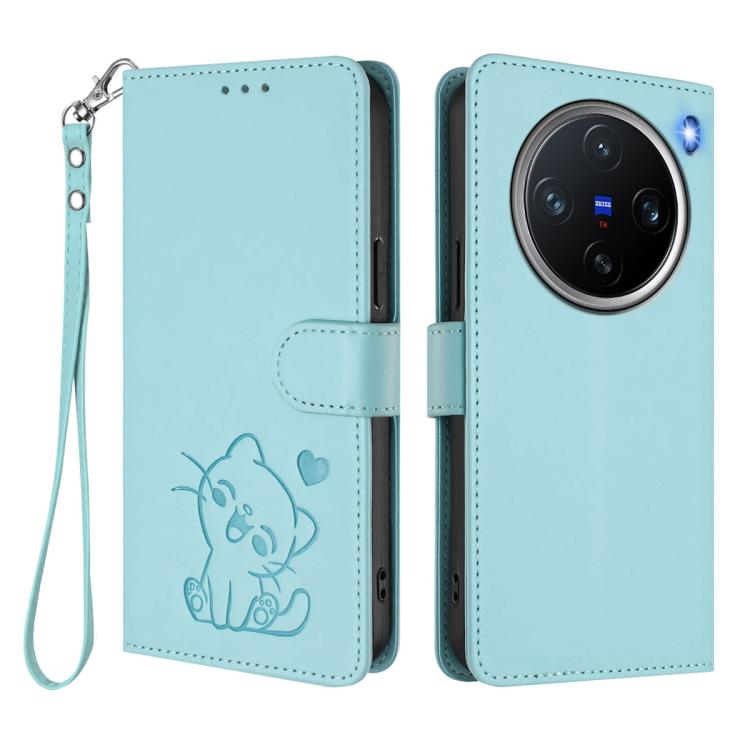 For vivo X200 Pro mini Embossed Heart Cat Leather Phone Case with Hand Strap