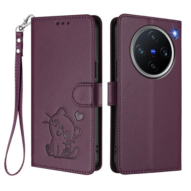 For vivo X200 Pro mini Embossed Heart Cat Leather Phone Case with Hand Strap