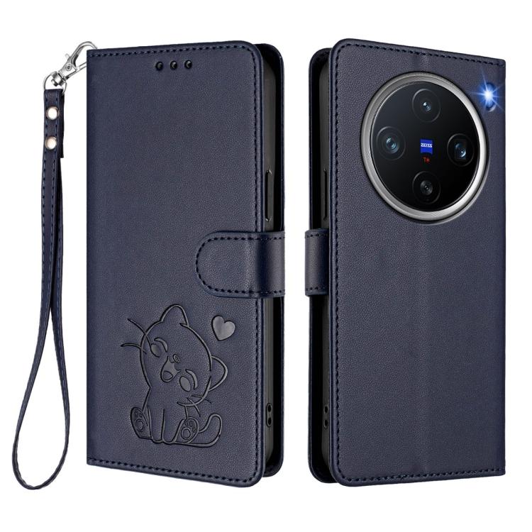 For vivo X200 Pro mini Embossed Heart Cat Leather Phone Case with Hand Strap