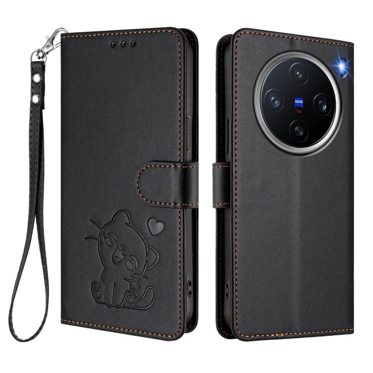 For vivo X200 Pro mini Embossed Heart Cat Leather Phone Case with Hand Strap
