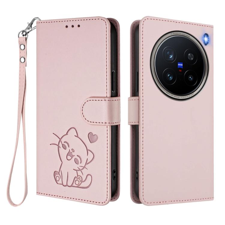 For vivo X200 Pro Embossed Heart Cat Leather Phone Case with Hand Strap