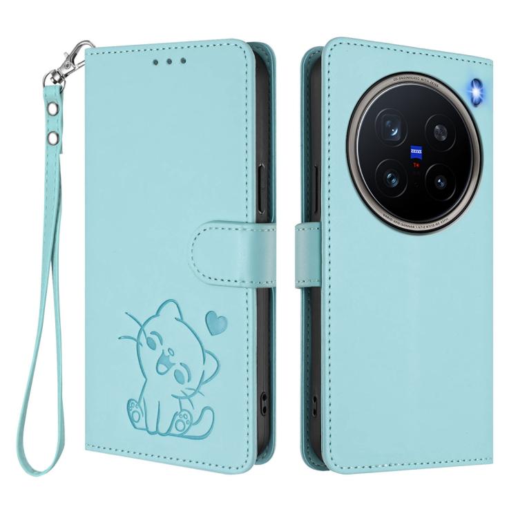 For vivo X200 Pro Embossed Heart Cat Leather Phone Case with Hand Strap