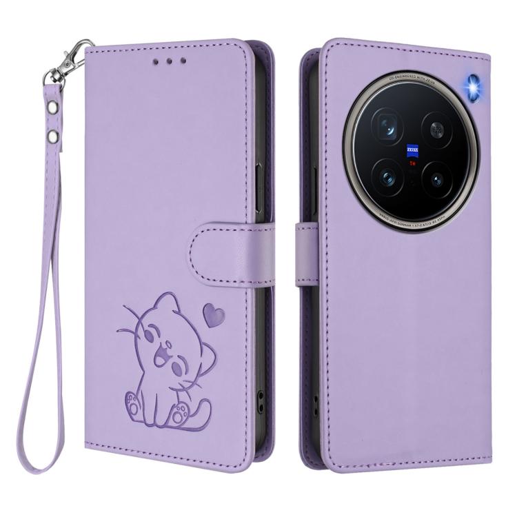 For vivo X200 Pro Embossed Heart Cat Leather Phone Case with Hand Strap