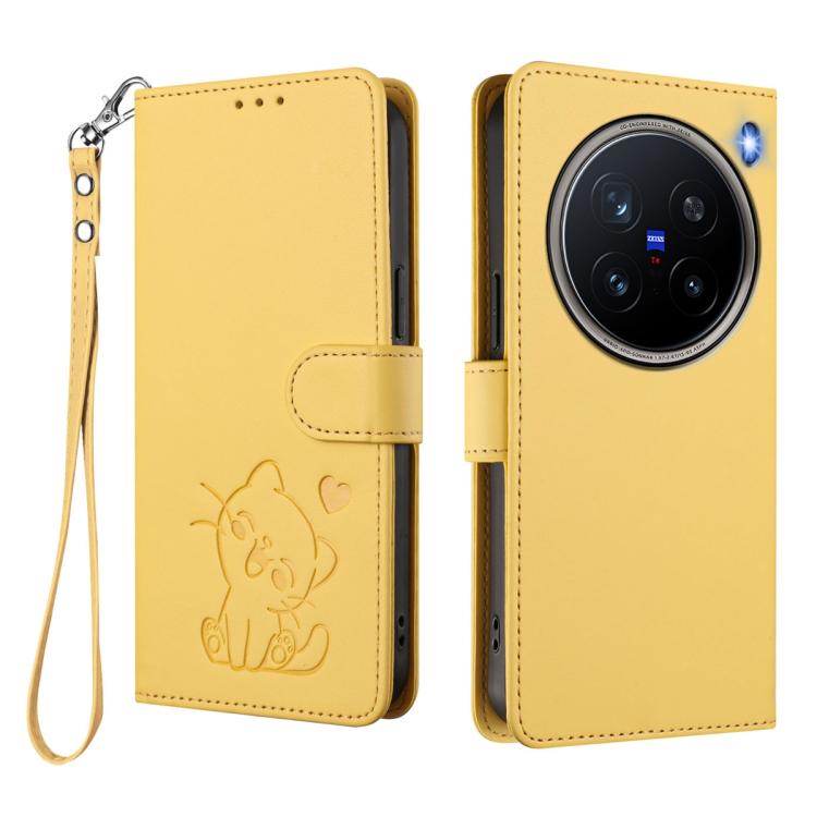 For vivo X200 Pro Embossed Heart Cat Leather Phone Case with Hand Strap