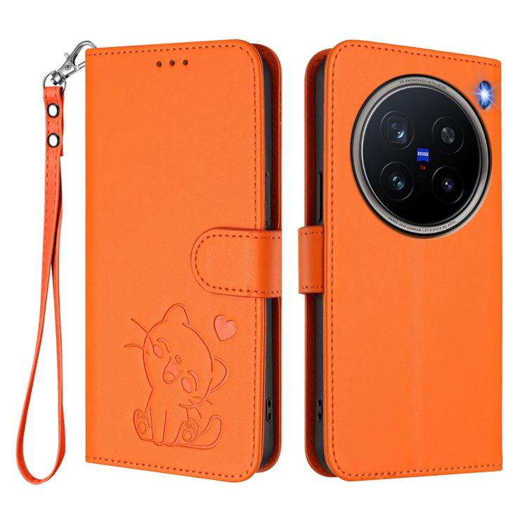 For vivo X200 Pro Embossed Heart Cat Leather Phone Case with Hand Strap