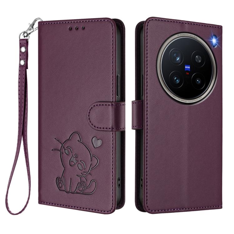 For vivo X200 Pro Embossed Heart Cat Leather Phone Case with Hand Strap