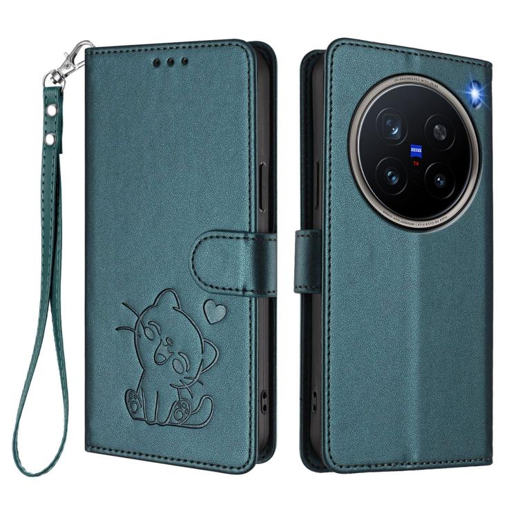 For vivo X200 Pro Embossed Heart Cat Leather Phone Case with Hand Strap