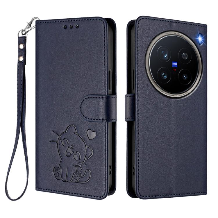 For vivo X200 Pro Embossed Heart Cat Leather Phone Case with Hand Strap