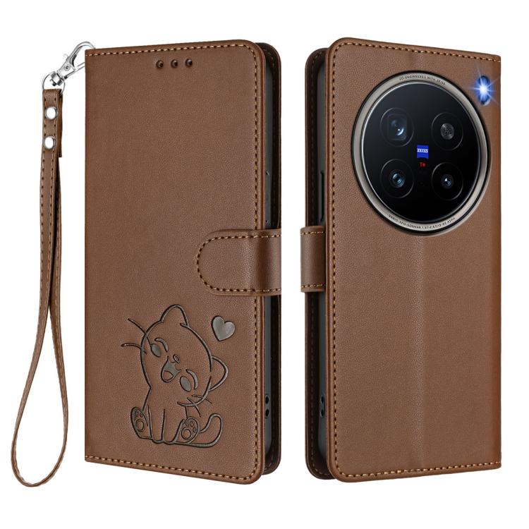 For vivo X200 Pro Embossed Heart Cat Leather Phone Case with Hand Strap