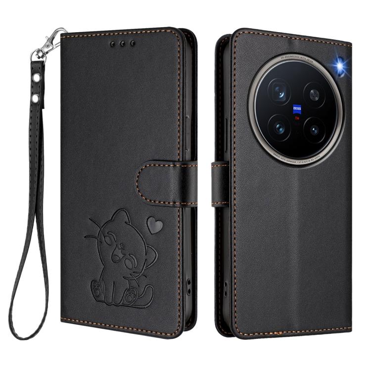 For vivo X200 Pro Embossed Heart Cat Leather Phone Case with Hand Strap