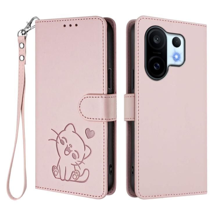 For vivo X200 FE / vivo S30 Pro mini Embossed Heart Cat Leather Phone Case with Hand Strap