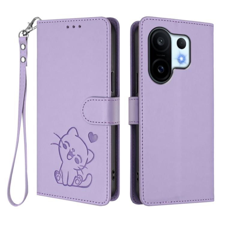 For vivo X200 FE / vivo S30 Pro mini Embossed Heart Cat Leather Phone Case with Hand Strap