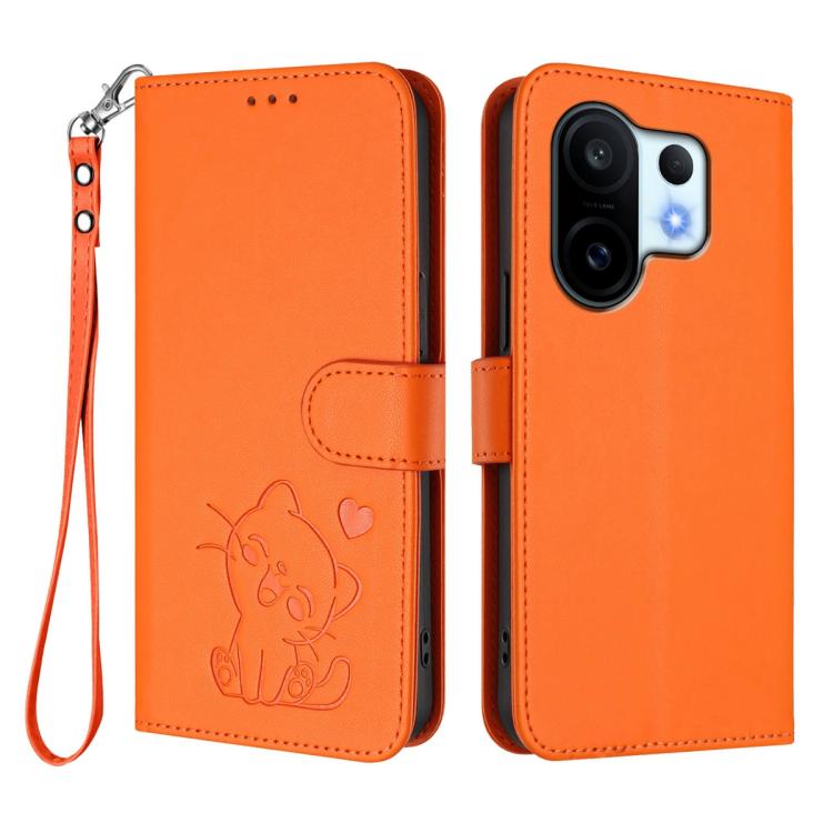 For vivo X200 FE / vivo S30 Pro mini Embossed Heart Cat Leather Phone Case with Hand Strap