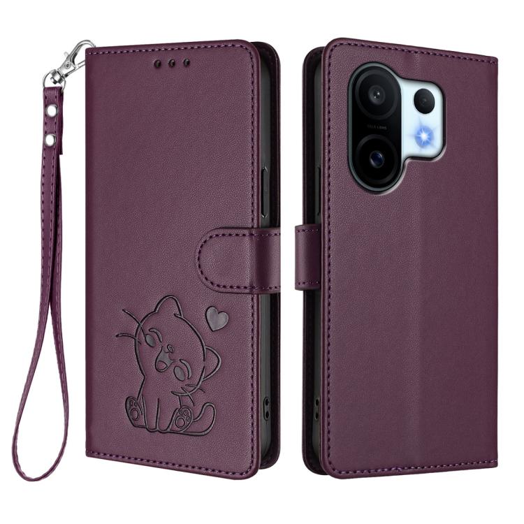 For vivo X200 FE / vivo S30 Pro mini Embossed Heart Cat Leather Phone Case with Hand Strap