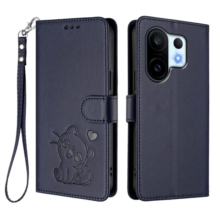 For vivo X200 FE / vivo S30 Pro mini Embossed Heart Cat Leather Phone Case with Hand Strap