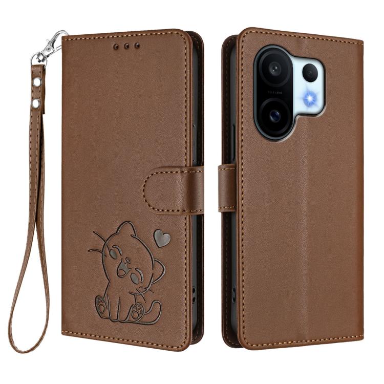 For vivo X200 FE / vivo S30 Pro mini Embossed Heart Cat Leather Phone Case with Hand Strap