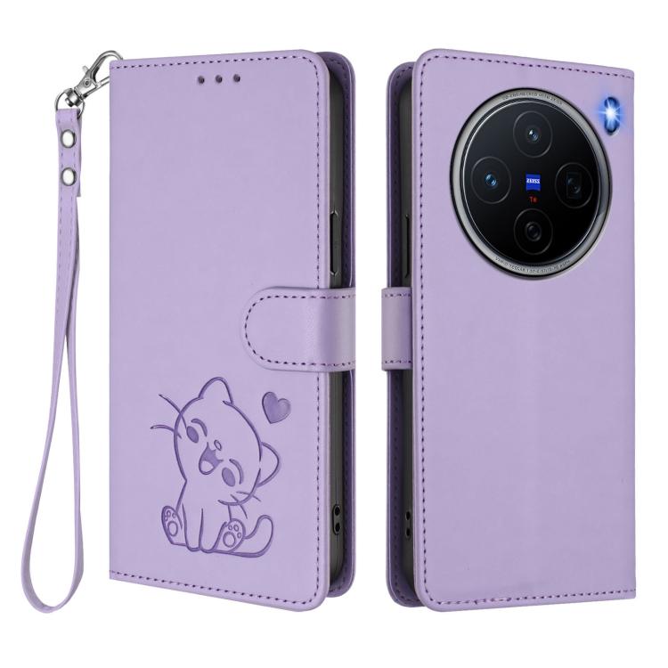 For vivo X200 Embossed Heart Cat Leather Phone Case with Hand Strap