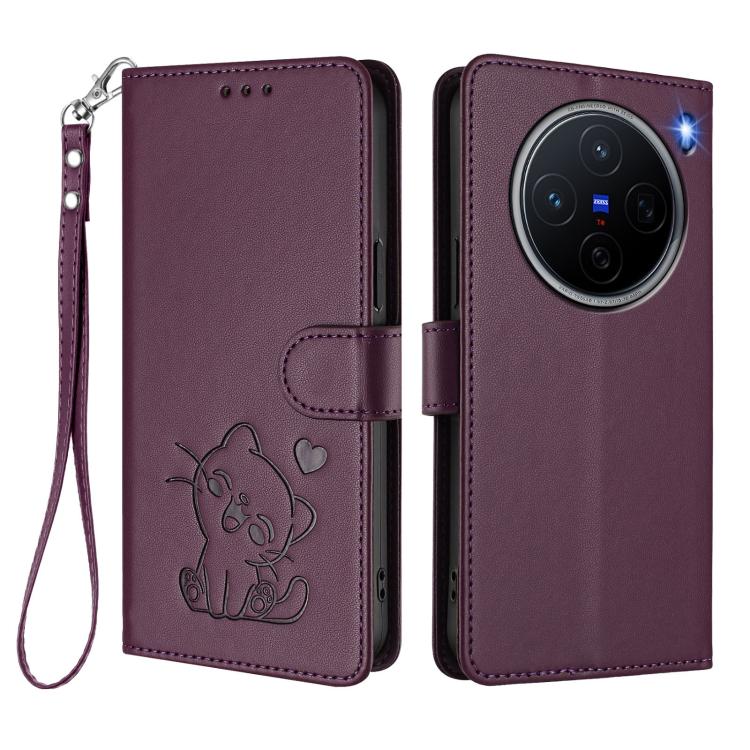For vivo X200 Embossed Heart Cat Leather Phone Case with Hand Strap