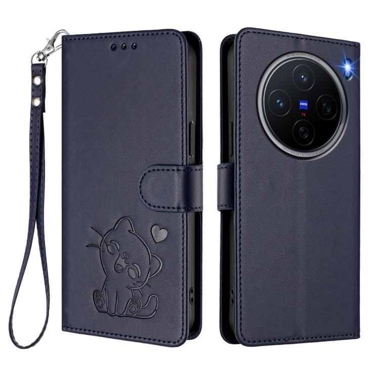 For vivo X200 Embossed Heart Cat Leather Phone Case with Hand Strap