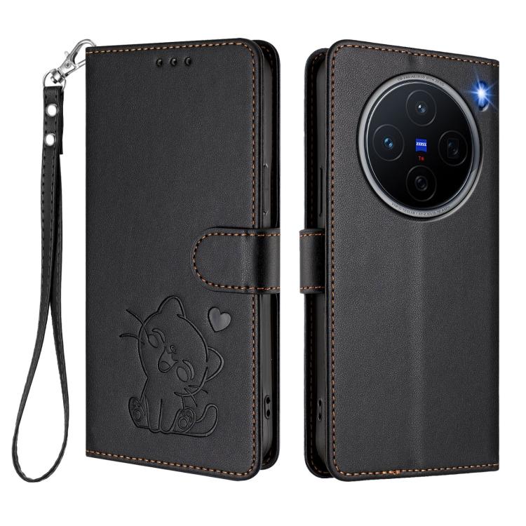 For vivo X200 Embossed Heart Cat Leather Phone Case with Hand Strap