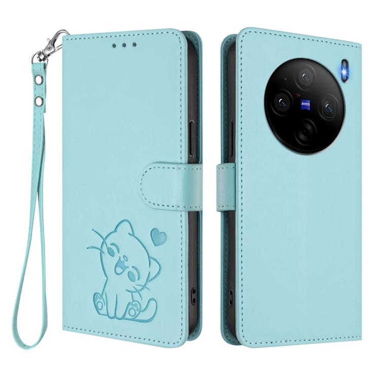 For vivo X100s Embossed Heart Cat Leather Phone Case with Hand Strap