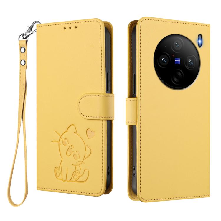 For vivo X100s Embossed Heart Cat Leather Phone Case with Hand Strap