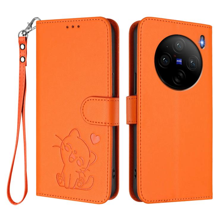 For vivo X100s Embossed Heart Cat Leather Phone Case with Hand Strap