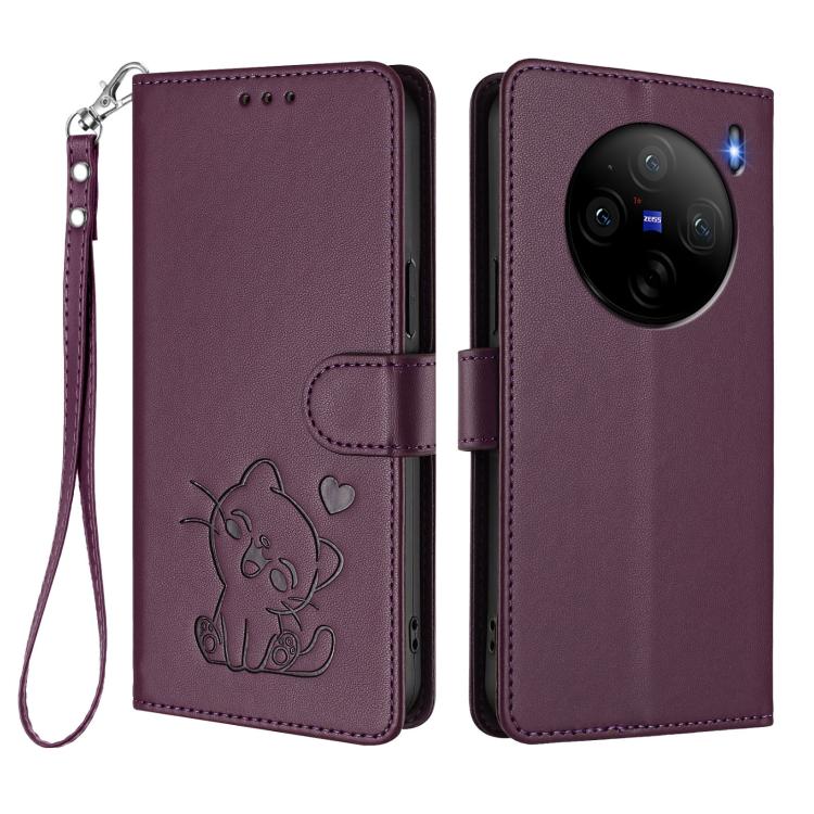 For vivo X100s Embossed Heart Cat Leather Phone Case with Hand Strap